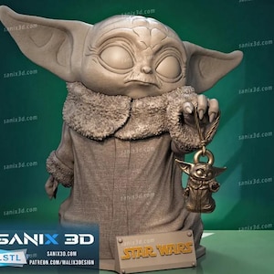 Pu&ograve; includere: Scultura dettagliata di un personaggio di Star Wars, con grandi orecchie e una veste strutturata. La figura tiene un piccolo ciondolo. La base presenta il logo di Star Wars e il logo Sanix 3D.