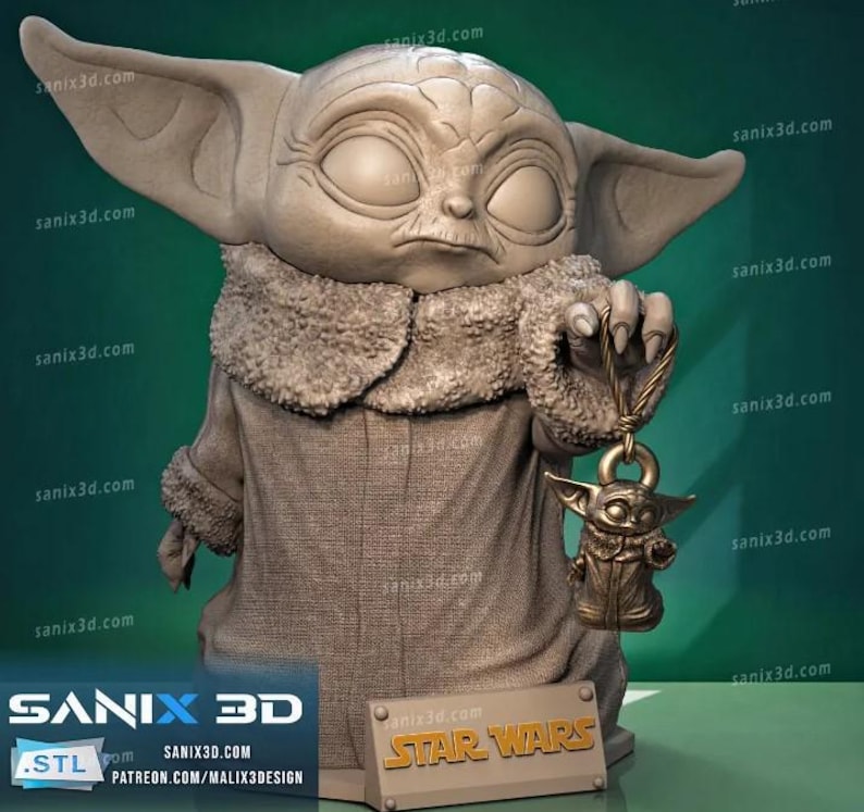 Pu&ograve; includere: Scultura dettagliata di un personaggio di Star Wars, con grandi orecchie e una veste strutturata. La figura tiene un piccolo ciondolo. La base presenta il logo di Star Wars e il logo Sanix 3D.