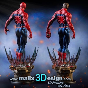 May include: A 3D printed model of Spider-Man standing on a rocky base. The figure is posed with its back to the viewer, arms outstretched. The figure is painted in red and blue with black webbing. The base is made of a clear material with a rocky texture. The text "www.malix3Ddesign.com" is visible at the bottom of the image.