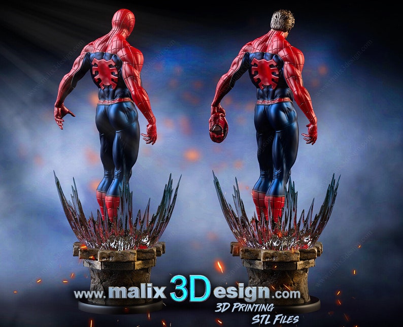 May include: A 3D printed model of Spider-Man standing on a rocky base. The figure is posed with its back to the viewer, arms outstretched. The figure is painted in red and blue with black webbing. The base is made of a clear material with a rocky texture. The text "www.malix3Ddesign.com" is visible at the bottom of the image.