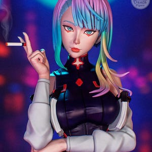 May include: A detailed figurine of a woman with vibrant, multicolored hair and striking blue eyes, holding a lit cigarette. She wears a black and red outfit with white sleeves. The background is a blurred cityscape with the text "PATREON www.patreon.com/peachfigure".