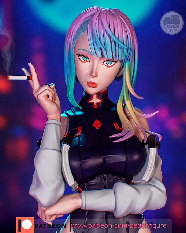 May include: A detailed figurine of a woman with vibrant, multicolored hair and striking blue eyes, holding a lit cigarette. She wears a black and red outfit with white sleeves. The background is a blurred cityscape with the text "PATREON www.patreon.com/peachfigure".