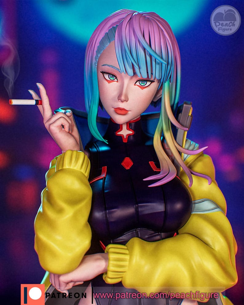 May include: A detailed figure of a woman with vibrant, multicolored hair and striking blue eyes, holding a lit cigarette. She wears a black and red outfit with a yellow jacket. The figure is a collectible item, with the text "DeaCh Figure" visible.
