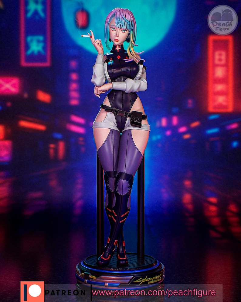 May include: A detailed figurine of a female character with rainbow-colored hair, wearing a black and white bodysuit, purple leggings, and black boots. The figure is holding a cigarette, set against a neon-lit cityscape backdrop.
