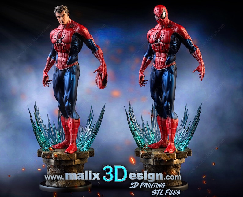 May include: A red and blue superhero figurine of Spider-Man standing on a base with a blue and green ice effect. The figurine is posed with one hand raised and the other holding a web shooter. The base has the text "www.malix3Ddesign.com 3D PRINTING STL FILES".