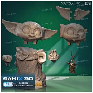 Pu&ograve; includere: Una collezione di modelli stampati in 3D di un personaggio con grandi orecchie, tra cui una figura intera, una testa e parti separate. I modelli sono di colore grigio chiaro e sono esposti su uno sfondo verde. Il testo "SANIX 3D" e le informazioni del sito web sono visibili.
