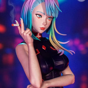 May include: A figurine of a woman with colorful hair, holding a lit cigarette. She wears a black outfit with red accents. The figurine has a detailed face with red lips and blue eyes. The background is a blurred mix of colors. Text on the image includes "PATREON" and "www.patreon.com/peachfigure".