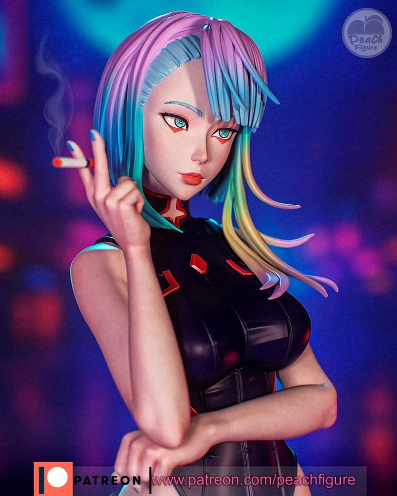 May include: A figurine of a woman with colorful hair, holding a lit cigarette. She wears a black outfit with red accents. The figurine has a detailed face with red lips and blue eyes. The background is a blurred mix of colors. Text on the image includes "PATREON" and "www.patreon.com/peachfigure".