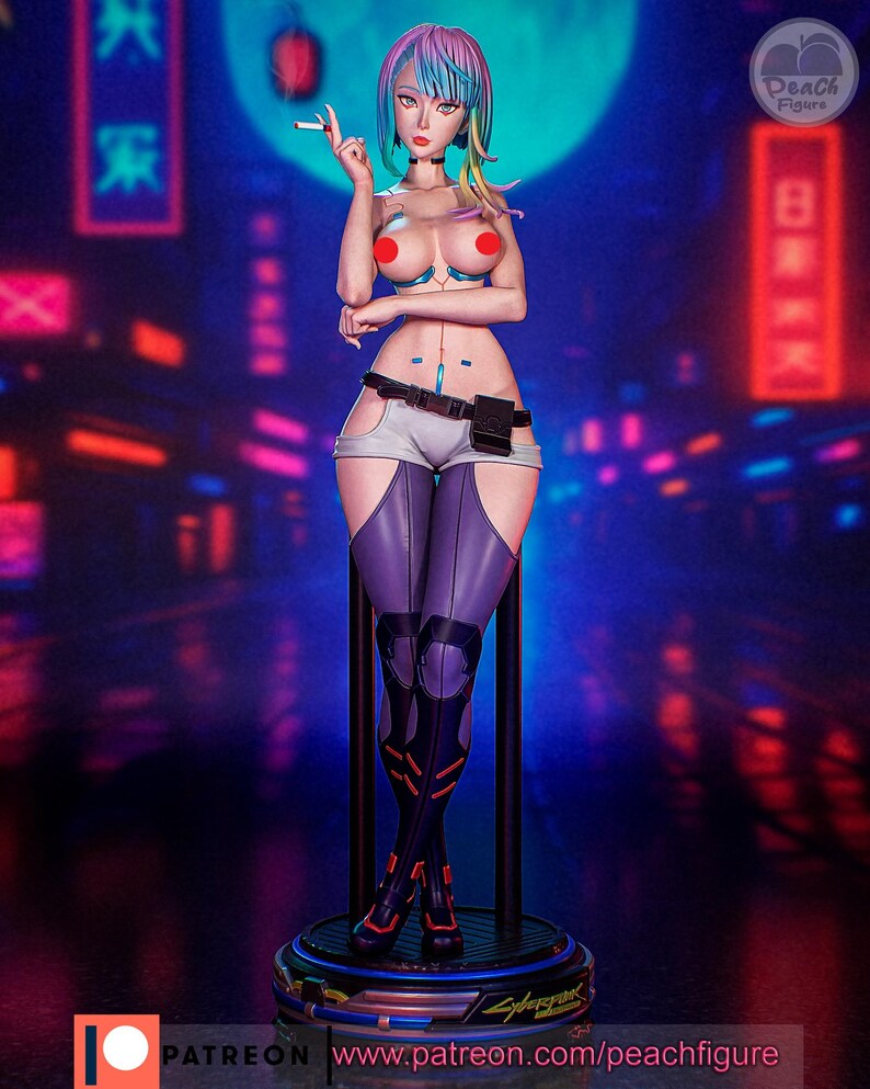 May include: A detailed figurine of a female character with a futuristic aesthetic. The figure has colorful hair, a cigarette, and is wearing a revealing outfit with purple and white accents. The base has the word "Cyberpunk" and the website "www.patreon.com/peachfigure".