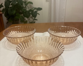 KIG Indonesia Pink Glass Soup/Cereal Bowl 7” Qty 3 Trellis Pattern Fleur D Lis