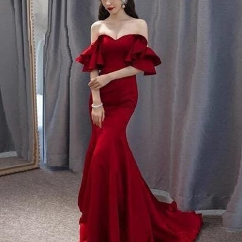 Red Gown Dress With Train Red Prom Dress Red Tulle Gown - Etsy