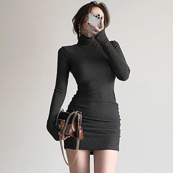 Women Knitted Black Dress Women Turtleneck Dress Women Long Sleeve Bodycon  Dress Women Slim Dress -  Canada