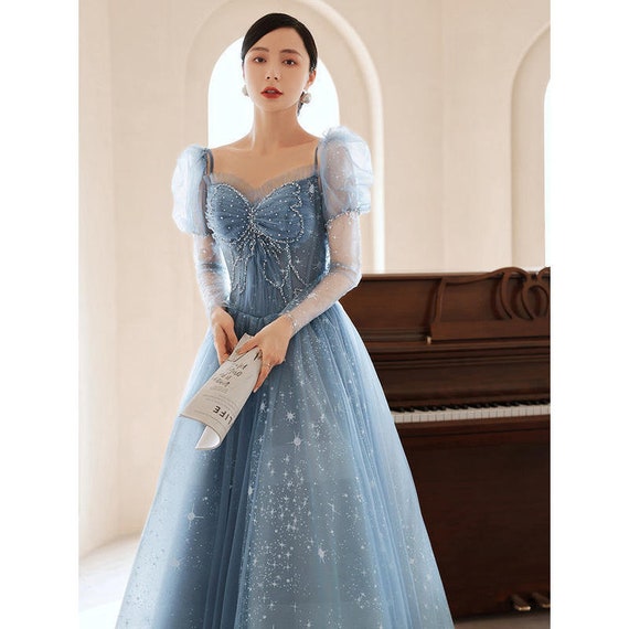 Beautiful Floral Tulle Long Prom Dress, Blue Short Sleeve Evening Dres