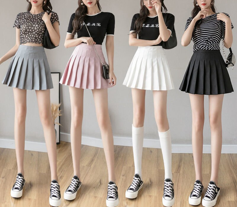 Cute Pleated Pink White Checked Women High-Waist Short Skirt with