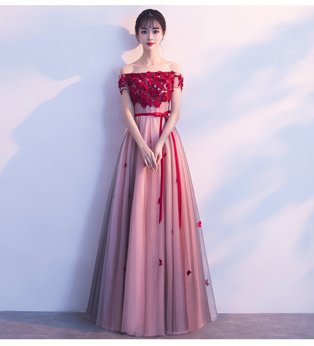 Red Flower Prom Gown Ruby Long Prom Dress Red Event Gown Etsy