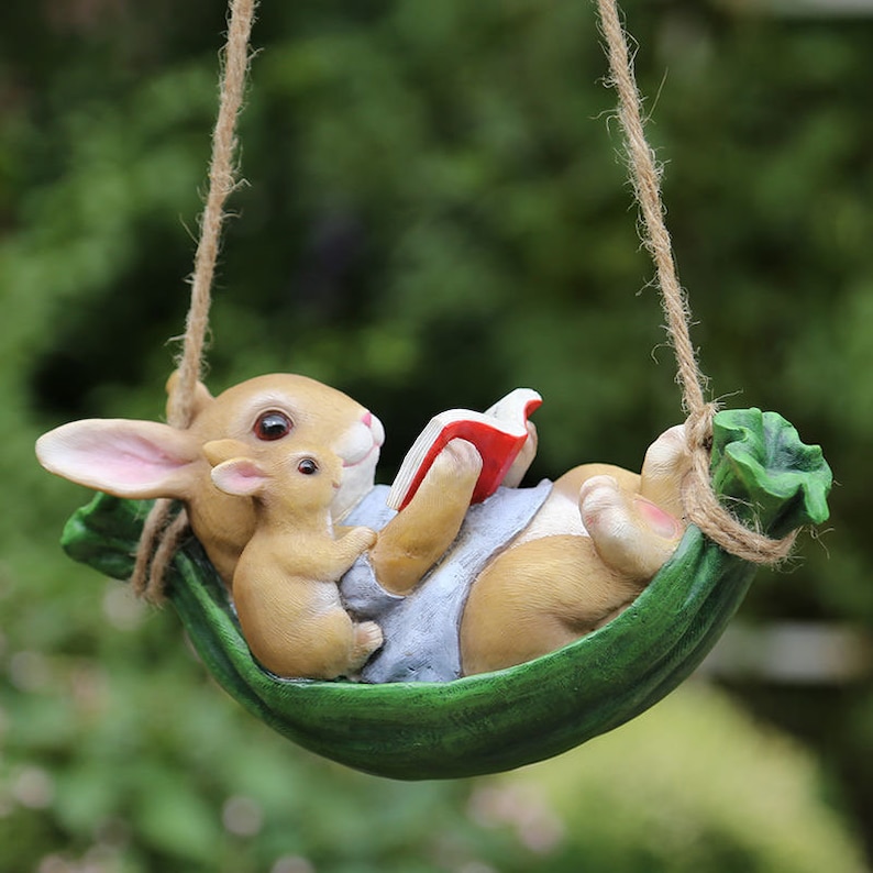 Reading Rabbit Mom And Kid On Swing  Reading Bunny Figurine  image 2