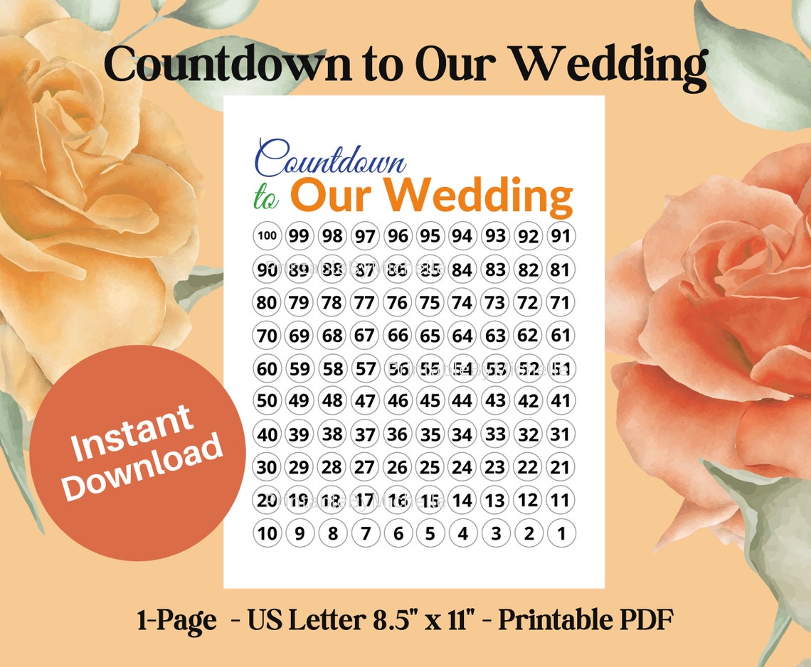 100 Day Wedding Countdown Chart: Printable PDF (letter Size) - Etsy