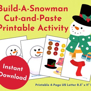 Può includere: Attività stampabile per costruire un pupazzo di neve per bambini. L'attività comprende quattro pagine: due sagome di pupazzo di neve, una pagina con bottoni e cappelli e una pagina con una sciarpa, un cappello e le braccia di un pupazzo di neve. La stampa è di 8,5 pollici per 11 pollici.