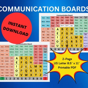 May include: Two printable communication boards for children. The first board has words and phrases related to feelings, actions, and needs. The second board has the alphabet, numbers 1-10, and the words "yes" and "no". The boards are 8.5 inches by 11 inches.