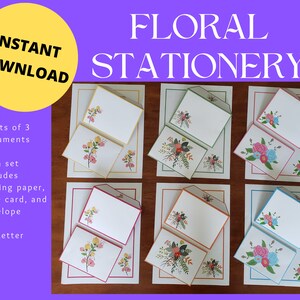 Printable Floral Stationery Bundle for Letter/Note Writing - Set of 6 to include: Writing paper, note card & Envelope - Six Color Variations
