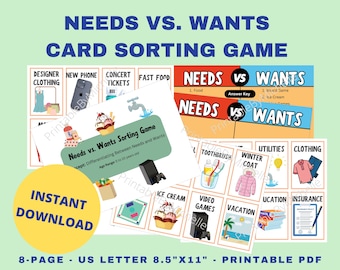 Needs vs. Wants Card Sorting Game for Kids - Fun Family Activity, Printable, Instant Download