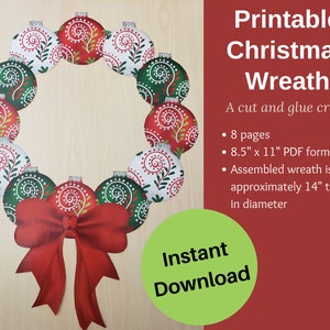 Christmas Wreath Printable Ornament and Bow Design Kids and Adults Craft, Christmas Decoration Family Activity Instant Download