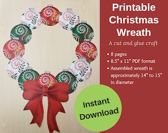 Printable Christmas Wreath Craft: Ornament & Bow Design (Instant Download)