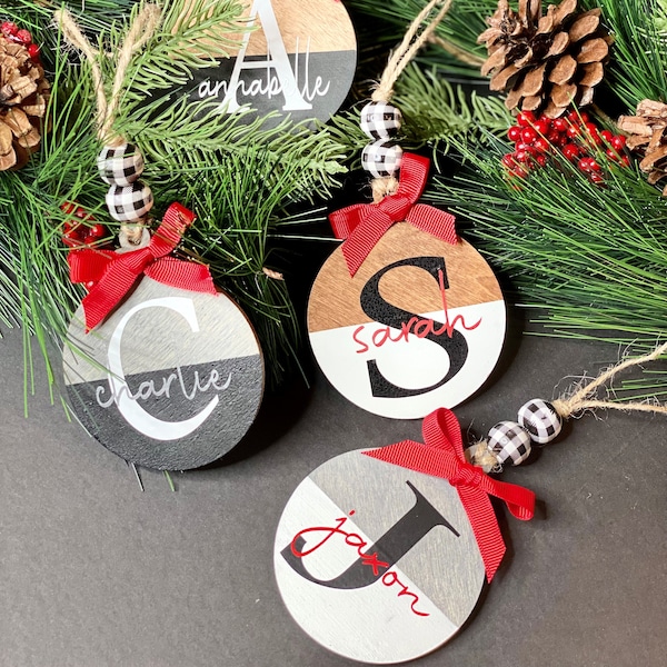 Personalized Wood Ornaments, Buffalo Check Ornaments, Ornament, Stocking Tag, Christmas Ornament, Name Tag, Farmhouse Ornament, Gift Tag
