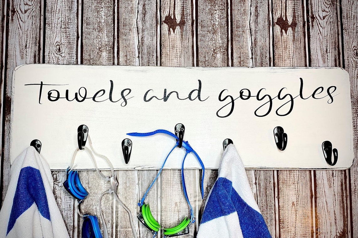 Towel Hooks Pool Decor Outdoor Towel Rack Rustic Sign Etsy