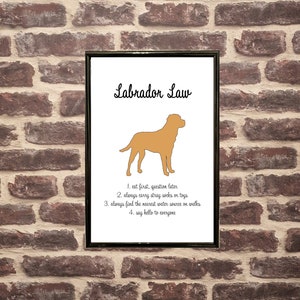 May include: A white printable poster with a brown Labrador silhouette and the text "Labrador Law" with four rules listed below: "1. eat first, question later", "2. always carry stray socks or toys", "3. always find the nearest water source on walks", and "4. say hello to everyone".