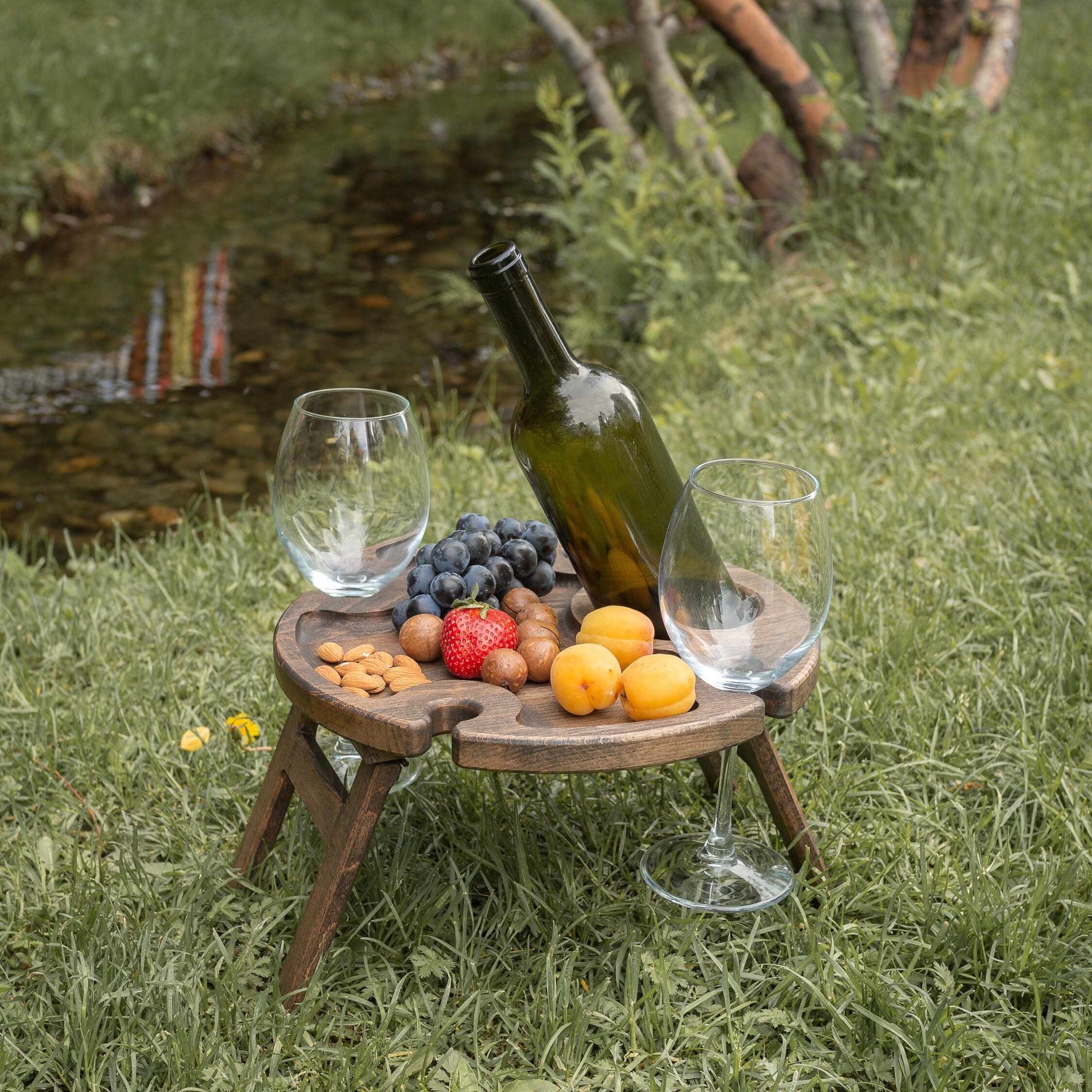 Dark Wooden Wine Table Picnic Table Wine Bottle Holder Etsy