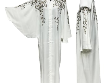 Women White Batwing Abaya Farasha Jalabiya Arab Dress With Embroidery