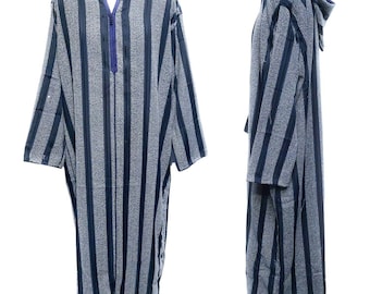 Djellaba Marocaine Pour Homme, Bleu Rayé, Avec Capuche Et Manches Longues, En Coton (neuf)