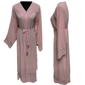 Pink  Women&#39;s Open Front Chiffon Abaya Jalabiya long dress with stone