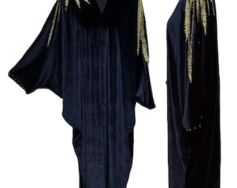 Women Black  Velvet Batwing Abaya Farasha Jalabiya Arab Dress