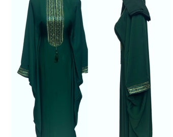 Green Batwing Abaya Farasha Jalabiya Arab Dress with Embroidery