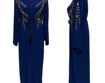 Women's Luxury Blue Chiffon Open Front Abaya Jalabiya long dress