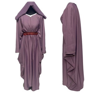 May include: A long, flowing, hooded robe in a dusty purple color. The robe has a cinched waist with a red beaded belt. The robe is shown from the front and side.