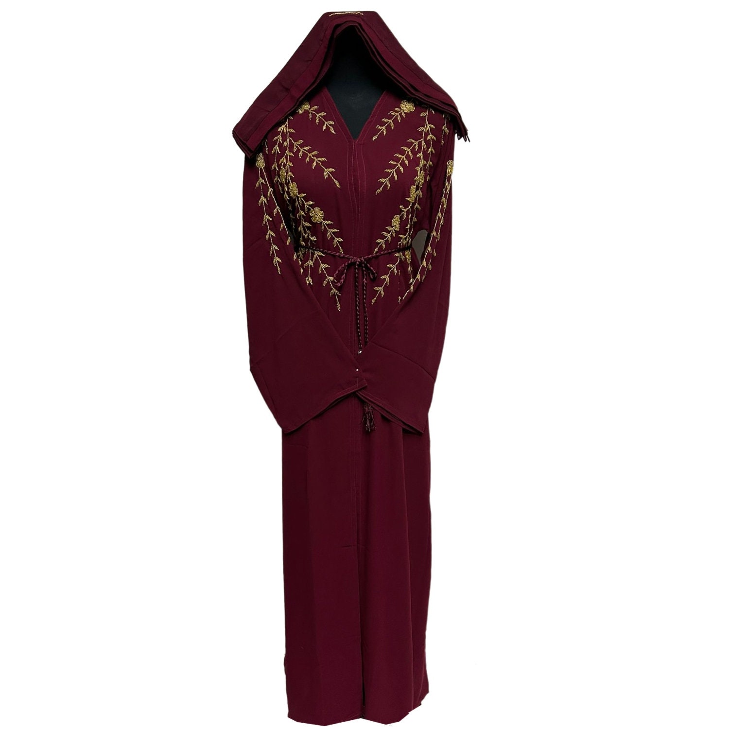 Women Bottom and Sleeve Embroidered Fabric With Extra Jacket at Front Abaya Maroon