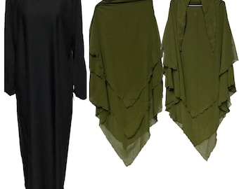 3 Pieces Women Layers Chiffon Khimar Jilbab and Abaya Islamic Muslim Prayer Dress