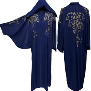 Women Navy Blue Batwing Abaya Farasha Jalabiya Arab Dress With Embroidery