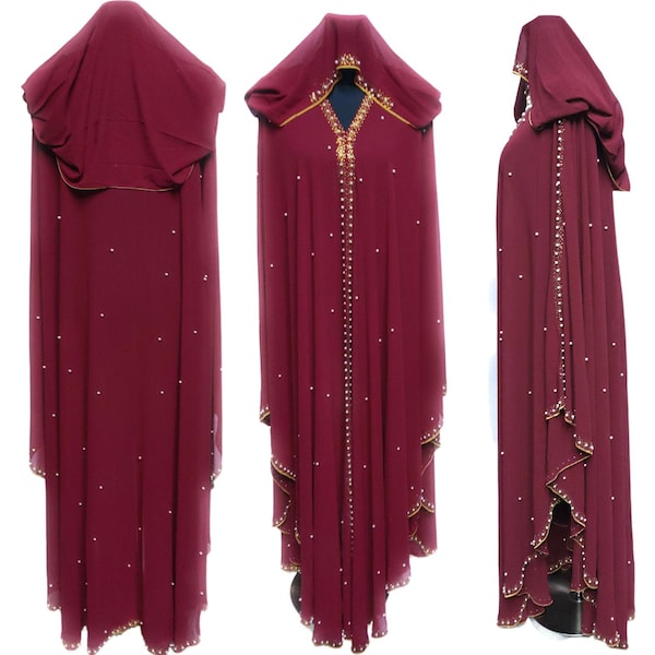 Luxury Women Burgundy Abaya Jalabiya  Farasha Long Dress