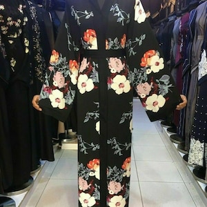 Women&#39;s Black Flower Open Front Abaya Neda Jilbab Jilabiya