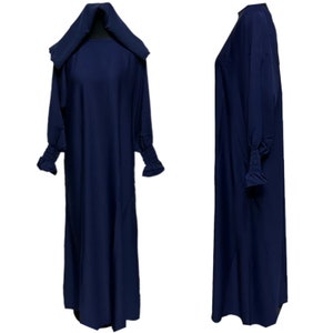 Simple Plain Blue Nida Abaya Jalabiya Arab Long Dress With Elastic Frill sleeve