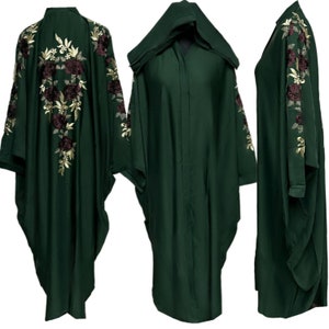 Hafsa Green Batwing Abaya Farasha Jalabiya Arab Dress with Embroidery