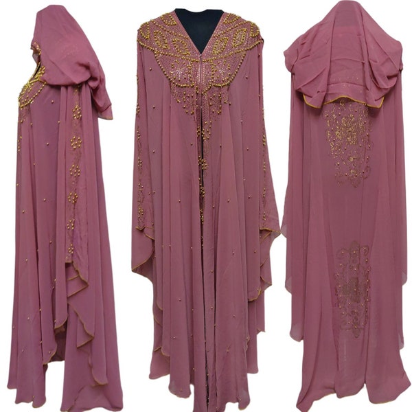 Luxury Women Pink Chiffon Abaya Jalabiya Jilbab Farasha