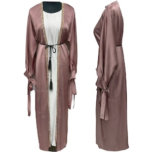 Luxury four Piece Satin Embellished Open Abaya Set