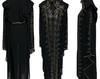 Women Black Stone Works Abaya Jalabiya Arab Long Dress