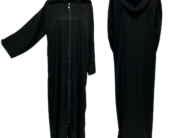 Simple Plain Full Black Hooded Abaya Jalabiya Arab Long Dress