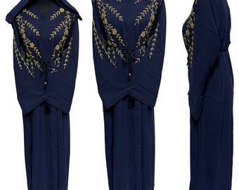 Blue Women's Open Front Chiffon Abaya Jalabiya long dress with Hand Bead Work
